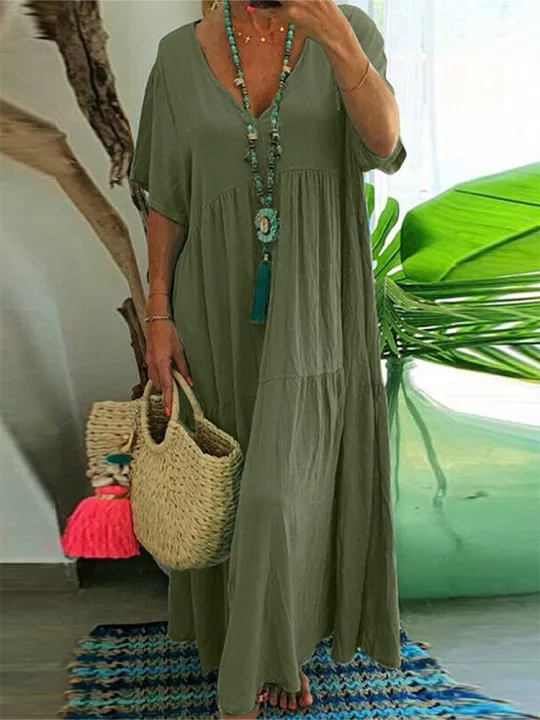 plus%20Size%20Women's%20Casual%20Loose%20V-Neck%20Long%20Dress%20Solid%20Pleated%20Big%20Size%20Spring%20Summer%20Comfortable%20Fit%20Maxi%20Dress%20-%20Image%202