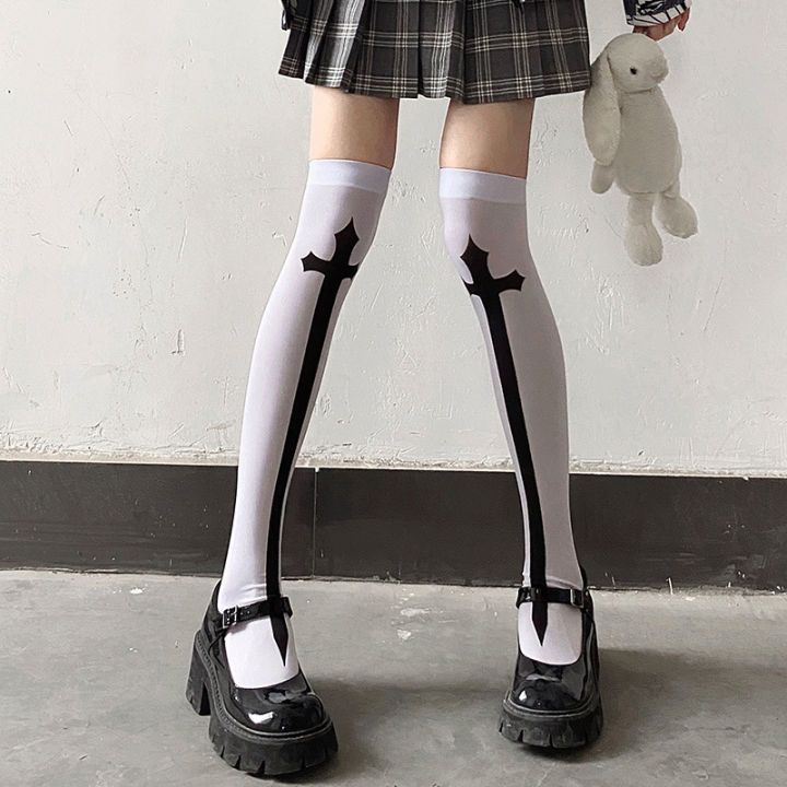 Japanese%20Harajuku%20Long%20Socks%20Festival%20Party%20Cross%20Cosplay%20Black%20Stockings%20Dark%20Gothic%20Y2K%20Knee%20Thigh%20Socks%20for%20Women's%20Skirts%20-%20Image%203