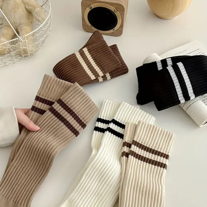 1/5%20Pairs%20Women%20Autumn%20Winter%20Striped%20Calf%20Socks%20Warmth%20Comfort%20Fashion%20College%20Jk%20Style%20Slimming%20High%20Tube%20Stacking%20Socks%20-%20Image%203