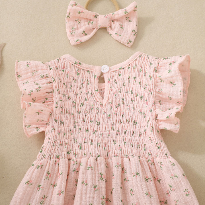Summer%20female%20infant%20pink%20short-sleeved%20flower%20and%20plant%20print%20triangular%20Romper%20and%20bow%20headscarf%20two-piece%20set%20-%20Image%206