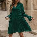 Women Elegant Velvet Dress Long Sleeve Solid Loose High Waist V-Neck Midi Dresses Evening Party Chic Lady Robe Christmas Clothes. 
