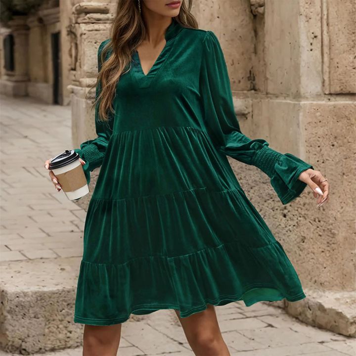 Women Elegant Velvet Dress Long Sleeve Solid Loose High Waist V-Neck Midi Dresses Evening Party Chic Lady Robe Christmas Clothes