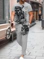 Trendy new summer men's animal lion print breathable round neck T-shirt pants set outdoor high street two-piece set. 