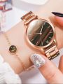 2PCs Women's Fashion Trend Retro Contrast Color Steel Band Quartz Watch+Bracelet Combination Set. 