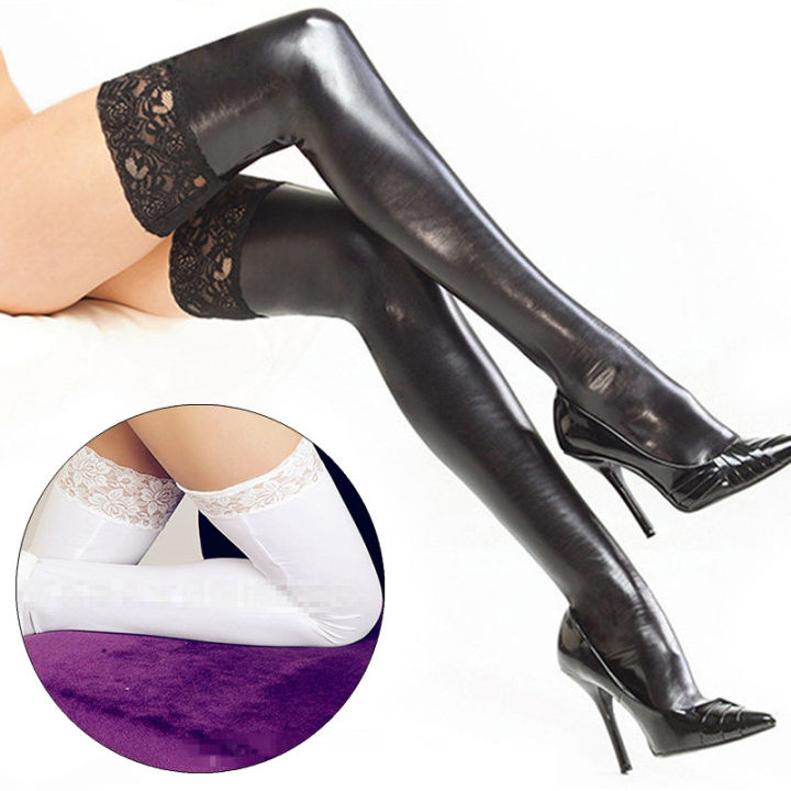 Women Sexy Latex Tights Pantyhose Patent Leather Lace Thigh Socks Stockings For Party Club Wear Hot Lingerie Medias De Mujer