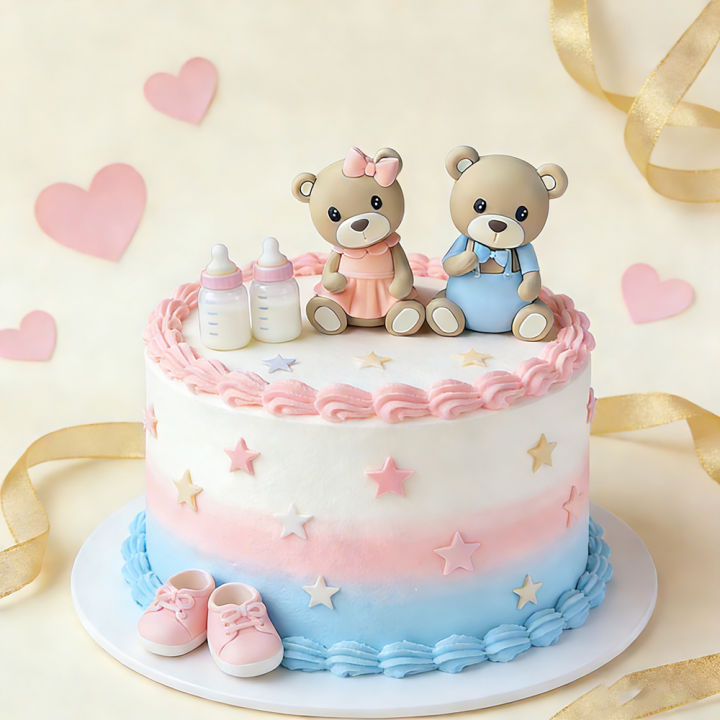 Charming 3D Pink Blue Bear Cake Topper With Big Rainbow Letter For Baby ...
