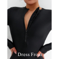 2025 Summer Women Solid Color Long Sleeve Conservative One Piece Swimsuit Chest Front Zipper Black Swimwear Beach Surf Outfit. 