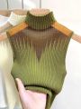 Mesh Knitted Top Women Y2K Tank Top Half Neck Vest Female Sleeveless Sweater Chic Cut Out Streetwear Solid Skinny White Tube Top.