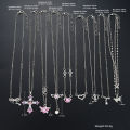 9 Pcs Women's Elegant Zircon Pendants Necklace Set Fashion Pink Color Cross Butterfly Heart Bowknot Necklaces Party Jewelry .