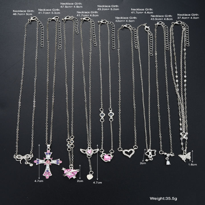 9%20Pcs%20Women's%20Elegant%20Zircon%20Pendants%20Necklace%20Set%20Fashion%20Pink%20Color%20Cross%20Butterfly%20Heart%20Bowknot%20Necklaces%20Party%20Jewelry%20%20-%20Image%206