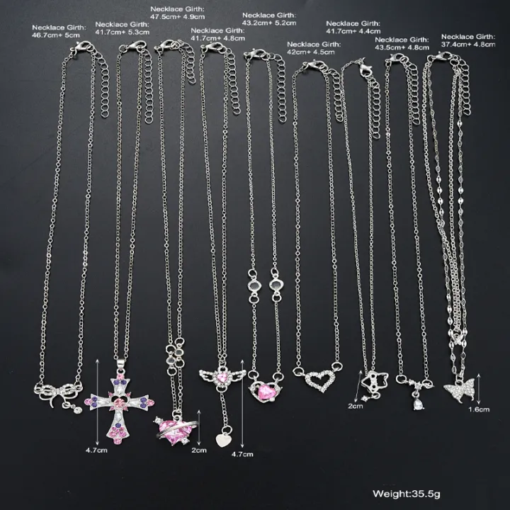 9%20Pcs%20Women's%20Elegant%20Zircon%20Pendants%20Necklace%20Set%20Fashion%20Pink%20Color%20Cross%20Butterfly%20Heart%20Bowknot%20Necklaces%20Party%20Jewelry%20%20-%20Image%206