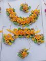 Artificial Flowers Bridal Jewelry Set with Choker Necklace, Earrings, Matha Tikka and 1 hand Bracelet attached With Ring for Bride Fashionable design Wedding Engagement Mehndi for wear. 