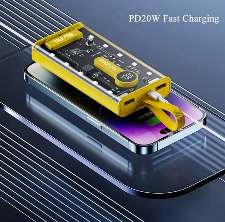 Transparent 20000mAh Power Bank 66W Fast Charging Portable Charger External Battery Pack Powerbank For iPhone Android and all Devices