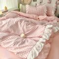 3 Piece Sheet Set pink plaid duvet cover Set , comfortable Bedding Set Bedspread for All Season.