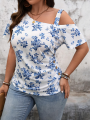 Plus Size Women's White & Blue Floral Print Cold Shoulder Top - Asymmetric Neck Ruffle Sleeve Blouse (0XL-4XL). 