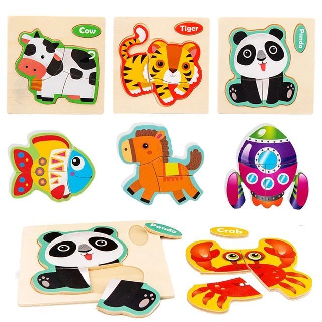 3 piece Wooden Puzzles for Toddlers 3 Years Animal Vehicle Jigsaw Puzzle Educational Kids Puzzles Toys Montessori Learning Jigsaw Toy