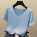 Knitted Short Sleeve Women V-Neck T Shirts 2026 Blue Slim Black Thin Knit Orange Tops Ladies Summer Camiseta Summer T Shirts.