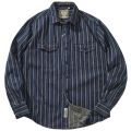 Vintage vertical stripe denim shirt with heavy Aimi khaki cargo wash to make old shirt men's coat. 