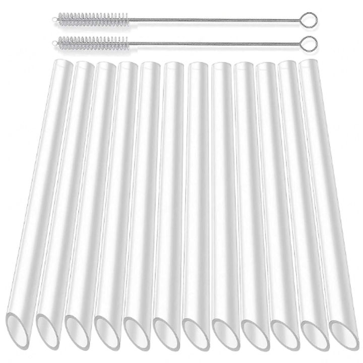 12 Reusable Clear Boba Straws, 13 mm x 10.5 in, Jumbo Hard Plastic Smoothie Straws for Bubble Tea, Popping Pearls with 2 Brush