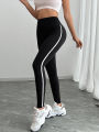 Women's High Waist Yoga Leggings Black Striped Tights Sports Pants. 