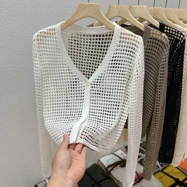 Single%20Button%20Crochet%20Mesh%20Cardigan%20for%20Women%20Semi%20Sheer%20Openwork%20Sunscreen%20Jacket%20Cover%20Up%20Summer%20Hollow-out%20Knitted%20Cardigan%20-%20Image%204