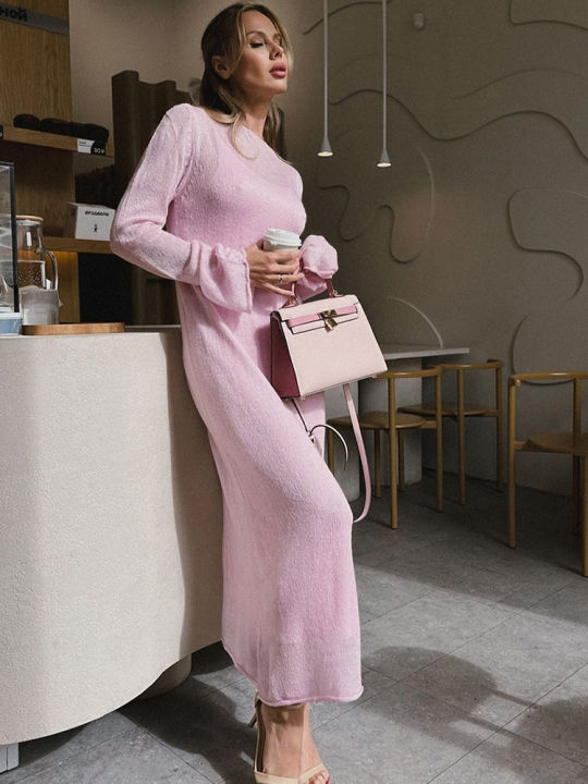 Spring%20Autumn%20O-Neck%20Elastic%20Knit%20Long%20Dresses%20Women%202024%20Elegant%20Chic%20Soft%20Lady%20Hollowing%20Sweater%20Dresses%20Femme%20New%20-%20Image%206