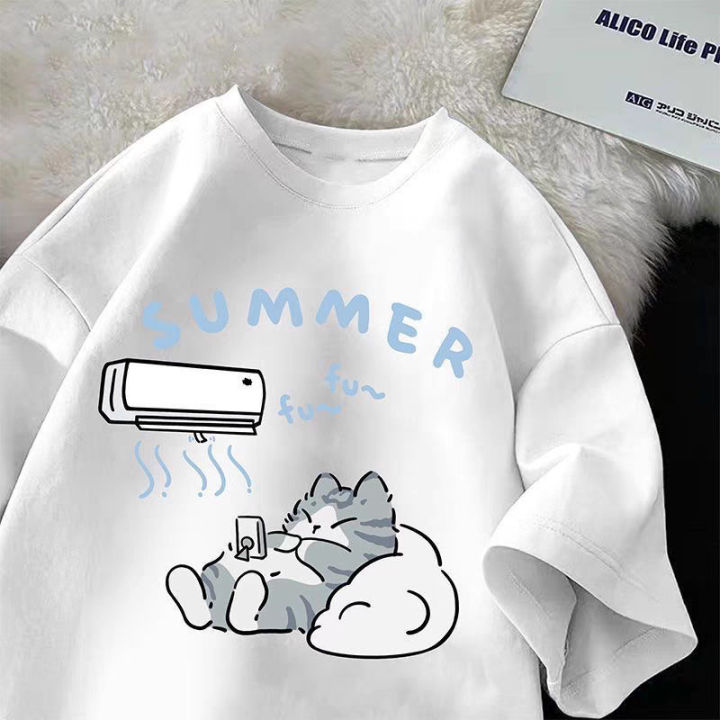 Summer%20Japanese%20Cartoon%20Cute%20Cat%20Funny%20Printed%20Short-sleeved%20T-shirt%20for%20Ladies%20and%20Boys%20Same%20Loose%20Casual%20Large-size%20Top%20-%20Image%203