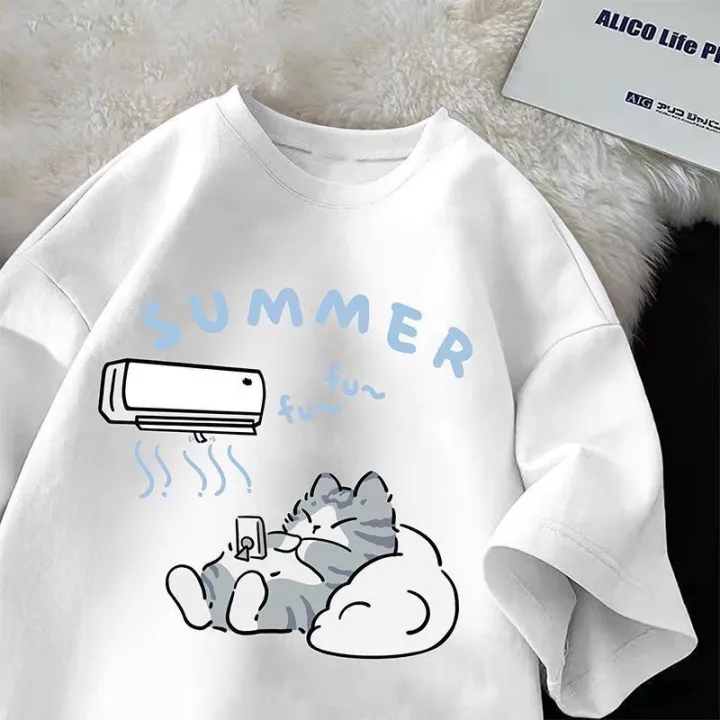 Summer%20Japanese%20Cartoon%20Cute%20Cat%20Funny%20Printed%20Short-sleeved%20T-shirt%20for%20Ladies%20and%20Boys%20Same%20Loose%20Casual%20Large-size%20Top%20-%20Image%203