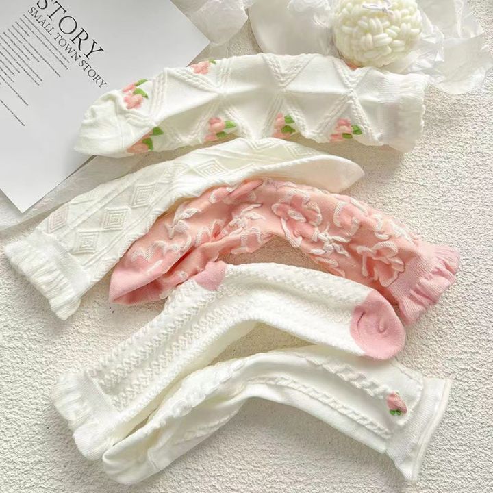 5%20Pairs%20Of%20Cute%20Harajuku%20Lolita%20White%20Women's%20Socks%20Set%20Spring%20And%20Summer%20Lace%20%20Cotton%20Socks%20%20Pink%20Style%20Socks%20With%20Ruffles%20-%20Image%203
