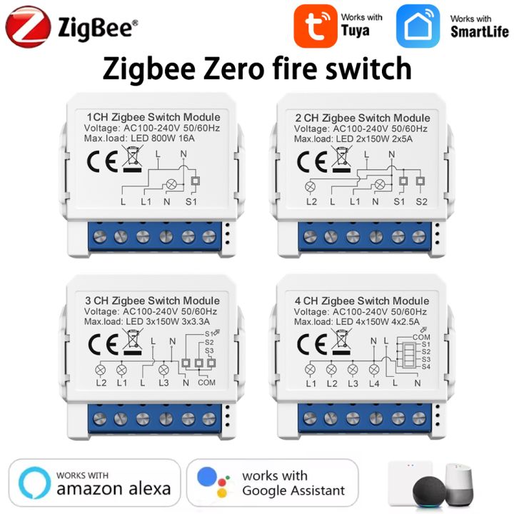 ZigBee Tuya 1/2/3/4 Gang Mini Smart Switch DIY Light Switches Module Zero Fire Circuit Breaker Work with Alexa Alice  Home lightify