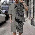 Plus Size 3D Lion Print Men's Cool T-shirt Shorts Set For Sports fitness Summer Street Style Oversized Graphic 2Pcs Men Clothing.