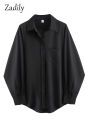 Zadily Minimalist Full Sleeve Oversize Black Women Basic Shirt Button Up Loose Woman Tuic Blouses 2025 Autumn Female Long Tops. 