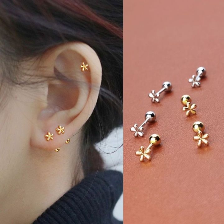 EVSIPOL Tiny Stainless Steel Screw Back Flower Stud Earrings for Women Simple Cute Cartilage Targus Helix Piercing Jewelry 