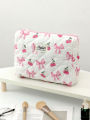 1pc/set Cherry Bow Quilted Makeup Bag, Multifunctional Handheld Makeup Bag, Portable Toiletry Bag Set with Zipper.
