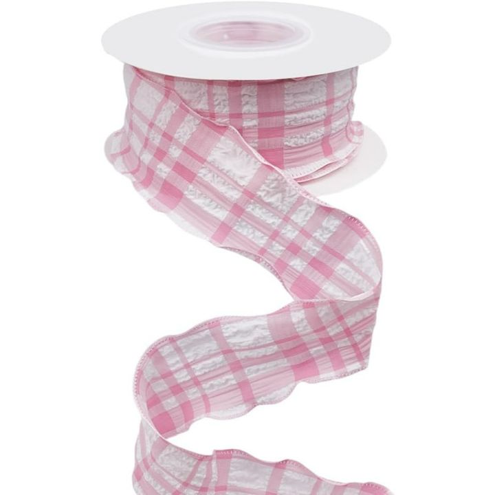 Pink Plaid Pattern Ribbon Pink Plaid Ribbon Checkered Ribbon Wired White Gingham Double Chiffon ...