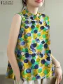 ZANZEA Women Summer Tank Tops 2024 Korean Sleeveless Print Camis Blouse Fashion Round Neck Shirt Casual Loose Round Neck Tunics. 