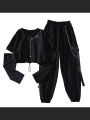Spring Autumn Women Harajuku Cargo Pants Handsome Cool Two-piece Suit Chain Long Sleeve+Ribbon Pants.