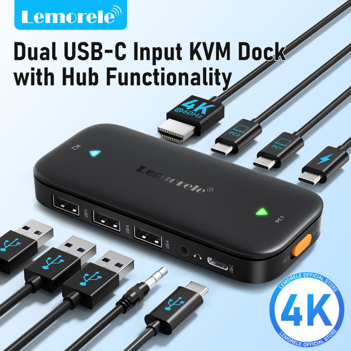Lemorele H200  USB-C KVM Switch USB HUB 4k@60Hz Dual HDMI to HDMI 100W PD Plug And Play 480 Mbps KVM Switcher for PC Laptop