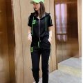 Women's Fashion Suit Spring Summer New Zipper Hooded Short Sleeve Coat Casual Crop Tops Pants 2 Two Piece Set For Women Clothing.