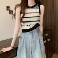 Knitted striped camisole women's summer outer wear French off-shoulder short sleeveless top versatile and trendy. 