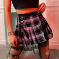 Gothic Retro Dark Lace Up High Waist Plaid Print Mini Skirts Women Vintage Harajuku High Waist Lace Ruffles Y2K Aesthetic Skirt.