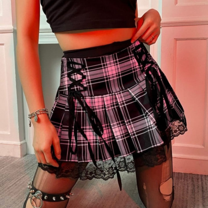 Gothic%20Retro%20Dark%20Lace%20Up%20High%20Waist%20Plaid%20Print%20Mini%20Skirts%20Women%20Vintage%20Harajuku%20High%20Waist%20Lace%20Ruffles%20Y2K%20Aesthetic%20Skirt%20-%20Image%204