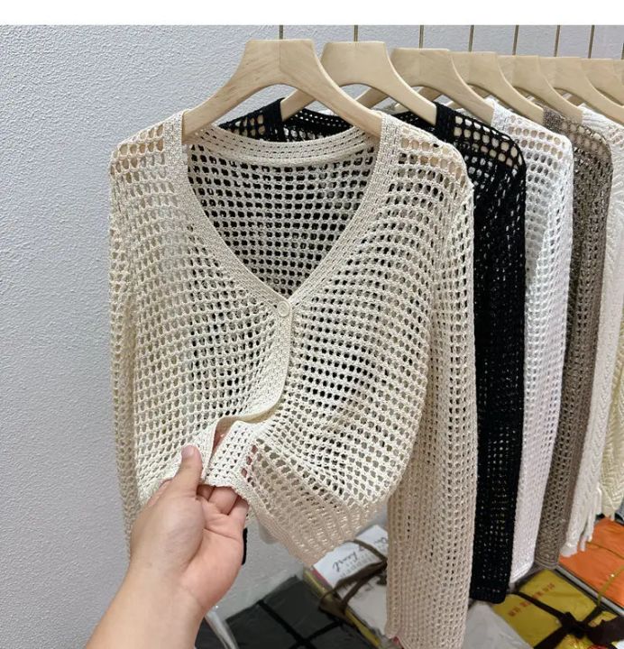 Single%20Button%20Crochet%20Mesh%20Cardigan%20for%20Women%20Semi%20Sheer%20Openwork%20Sunscreen%20Jacket%20Cover%20Up%20Summer%20Hollow-out%20Knitted%20Cardigan%20-%20Image%202