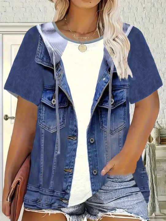 Plus%20size%20women's%20imitation%20denim%20casual%20short%20sleeved%20round%20neck%20top%20Western%20style%20denim%20style%20T-shirt%20versatile%20comfortable%20-%20Image%203