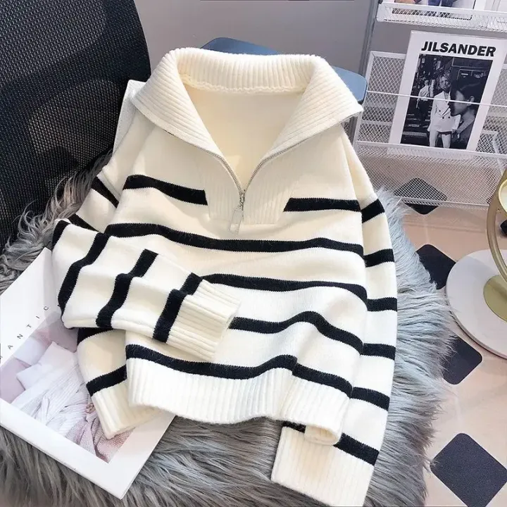 Sweater%20pullover%20women%20Spring%20and%20Autumn%20underwear%202024%20New%20zipper%20stripe%20underlay%20short%20style%20popular%20premium%20sweater%20female%20-%20Image%202