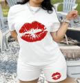 Women's 2-Piece Pajama Set Summer Short Sleeve T-Shirt & Shorts Red Lip Print Soft Cotton Loungewear Sleepwear S-XXL.