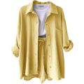 Summer Cotton Linen High Waist Shirt Shorts Women Turn Down Collar Long Sleeve Tops and Shorts Suit Cotton Casual Two Piece Sets.