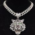 Hip Hop 3D Tiger Pendant Necklace with 13mm Crystal Cuban Chain HipHop Iced Out Bling Necklaces Men Women Fashion Charm Jewelry. 