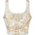 Women's Bow Tie Strap Jacquard Corset Top Front Lace Up Square Neck Cropped Waist Cincher Bustier.