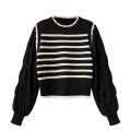 women Black and white striped fake two-piece knitted sweaters pring and autumn Korean soft glutinous pullover sweater female. 
